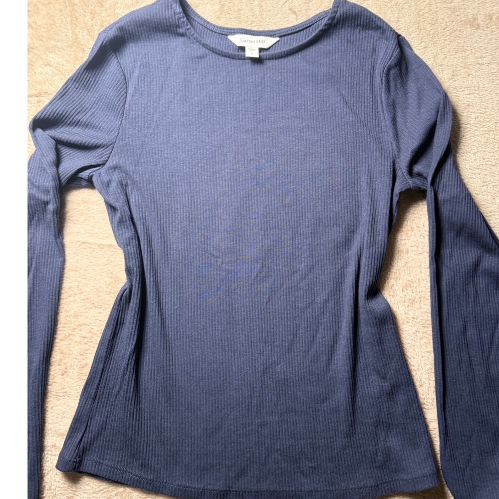 Garnet Hill Womens Blue Organic Cotton Tencel Ribbed Long Sleeve Top S Basics